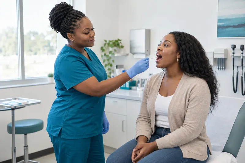 Healthcare professional taking a cheek swab from a client