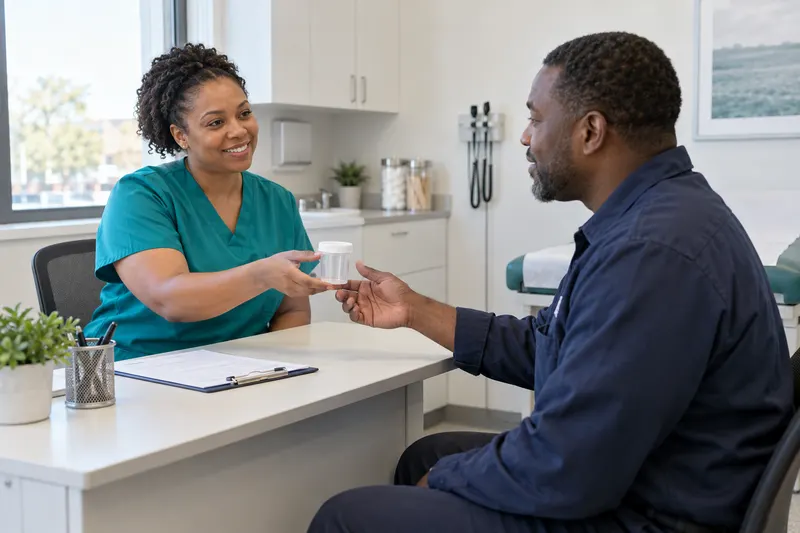 Clinician assisting a client with specimen collection supplies