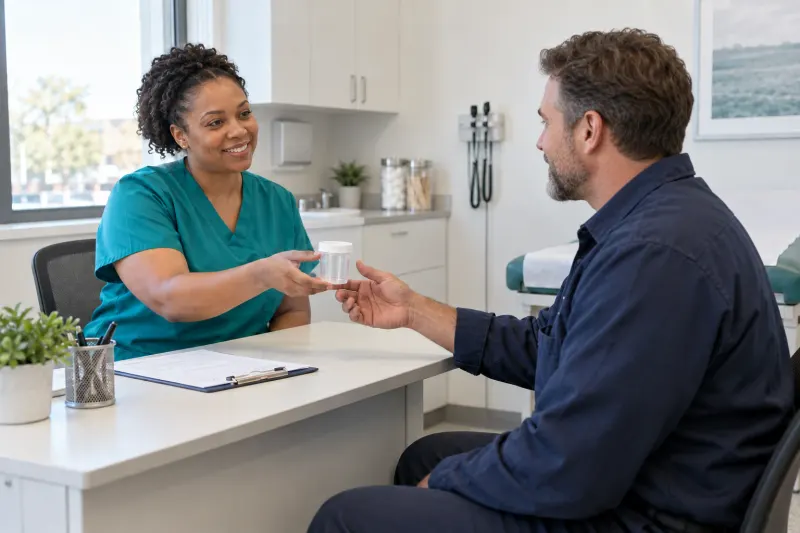 Illustrative photo of a Black clinician assisting a white male client with specimen collection supplies