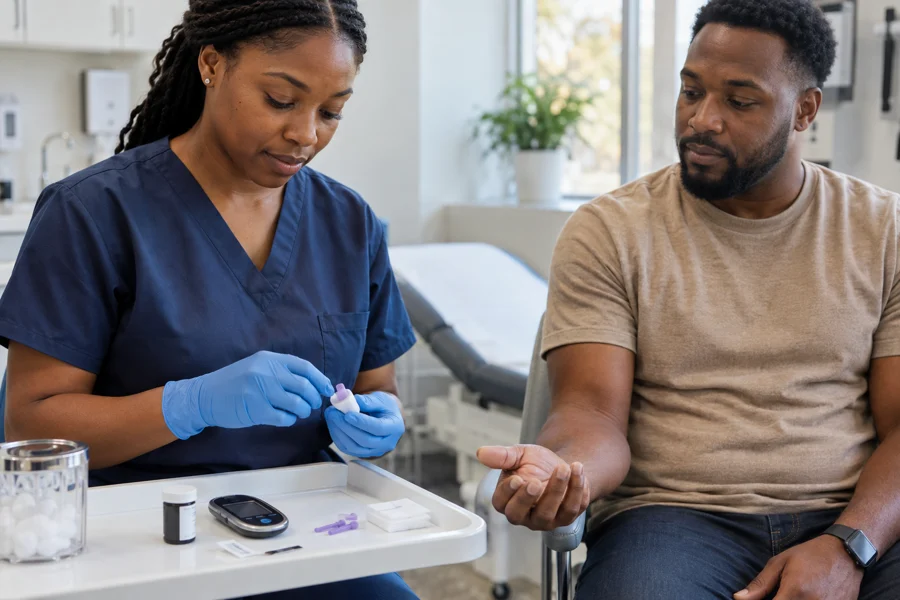 Healthcare professional preparing glucose testing supplies