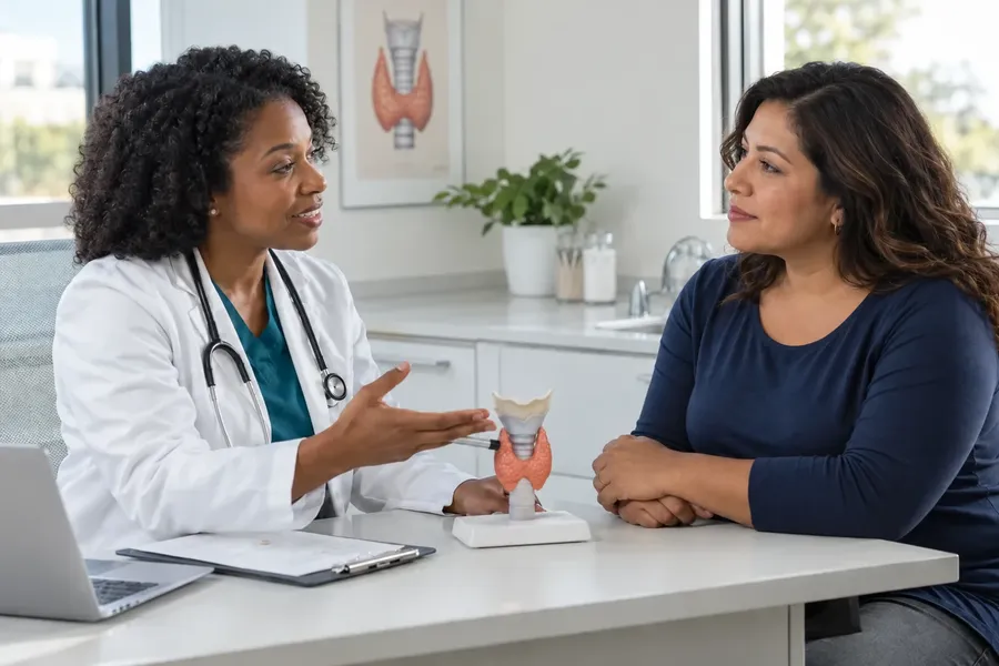 Illustrative photo of a Black clinician discussing thyroid testing with a Latina patient