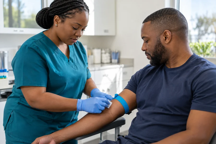 Phlebotomist preparing a client for a blood sample