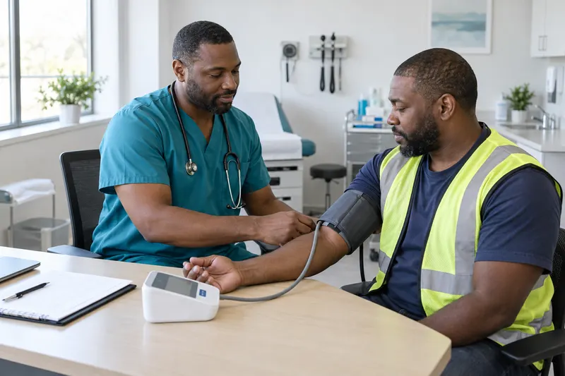 Healthcare professional measuring a client’s blood pressure