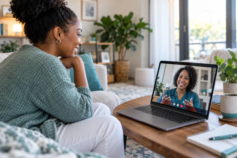 Illustrative photo of an African American patient having a video visit with an African American healthcare professional